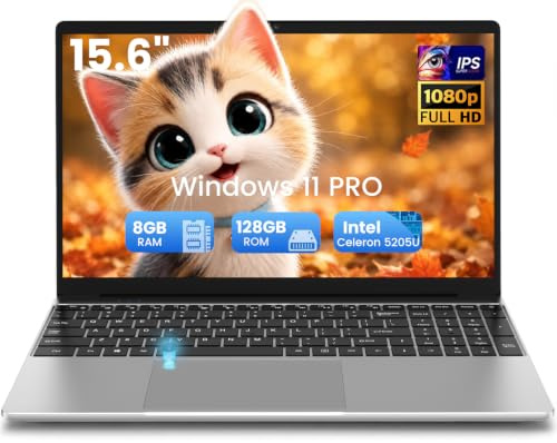 Kayoote PC Portatile 15.6, Win 11 Pro, 8GB RAM 128GB SSD, Celeron 5205U, Display FHD 1080P IPS, Tastiera Retroilluminata, Impronta Digitale, Cerniera 180°, Laptop per Lavoro e Scuola