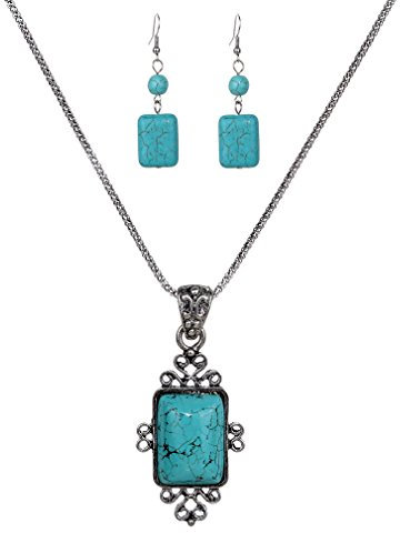 YAZILIND Lese Tibet Silber Elegante Geschnitzte Rechteck Türkis Anhänger Halskette Ohrringe Schmuck-Set