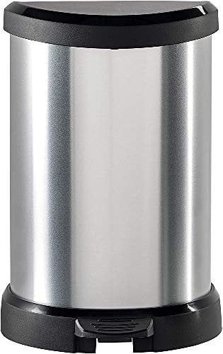 Curver - Cubo de basura Deco con pedal 20 L, acabado color acero, tapa con cierre amortiguado y aro para bolsa