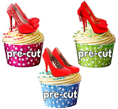 AK Giftshop PRE-CUT Sexy Red High Heel Shoes - Edible Cupcake Toppers/Cake Decorations (Pack of 12)