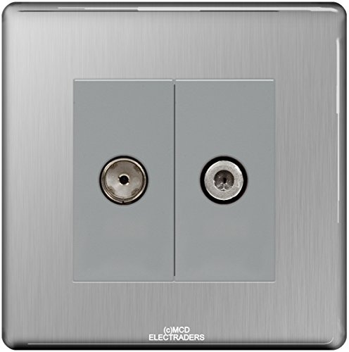 BG Screwless Flatplate FBS65 2 Gang Satellite and Coaxial Socket (Brushed Steel/Grey Insert)