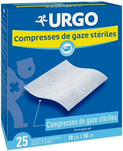 Urgo - Compresas de gas estériles - Absorción - Caja de 25 bolsas de 2 compresas - 10 cm x 10 cm