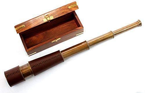 Antik Fernrohr Teleskop Altmessing und Leder ausziehbar auf 50 cm in edler Holzbox