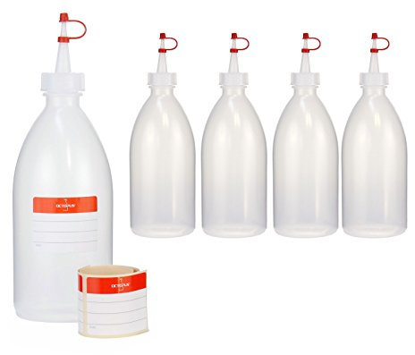 5x 500 ml botellas exprimibles, o de pulverización, de polietileno de baja densidad; con cierre de goteo; botellines de decoración para la cocina, aficiones o laboratorio, transparente