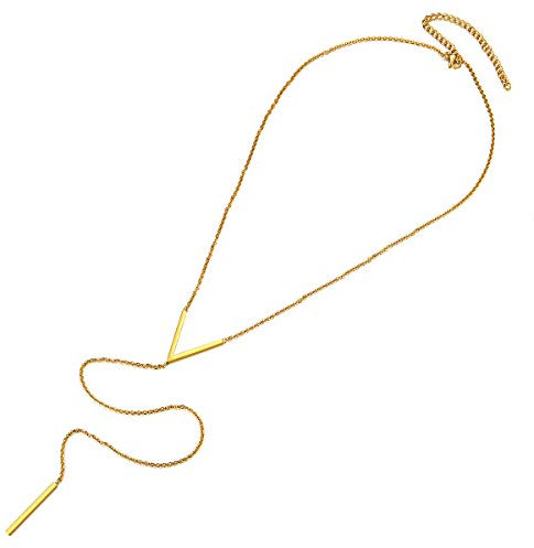 FOCALOOK lange Quaste Damen Collier 18k vergoldet Stäbchen V Charms Anhänger mit 45+9cm Rolokette Minimalist Y-Kette Modeschmuck Accessoire V-Ausschnitt Kleid für Weihnachten
