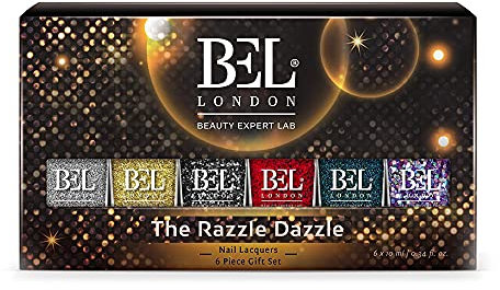 BEL London Razzle Dazzle Luxury 6-Color Glitter Nail Varnish Set for Women – Fast-Drying, Long-Lasting Glitter Nail Polish Gift Set, Pack of 6