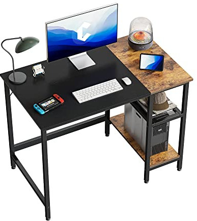 CubiCubi Schreibtisch, Computertisch mit 2 Ablagen auf der rechten oder linken Seite, 100 x 60 cm PC Tisch, Bürotisch fürs Büro Wohnzimmer, Stabil Stahlgestell Industrie-Design, Schwarz&Vintagebraun