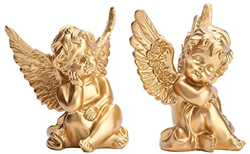 orenm 2 Stück Engelsfigur, aus Kunstharz, schlafende Engelsfigur, Skulptur, für drinnen und draußen, Heimdekoration, niedliche Bezaubernde Winkelskulptur, Gedenkstatue 10cm (Gold)