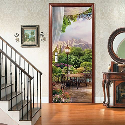 A.Monamour Türtapete Selbstklebend Türfolie Türposter 3D Balkon Vorhang Blick Auf Den Garten Berg Grüne Pflanzen Blumen Vinyl Folie Türdeko Tapete Wandbild Türaufkleber Türtattoo 85 x 215 cm