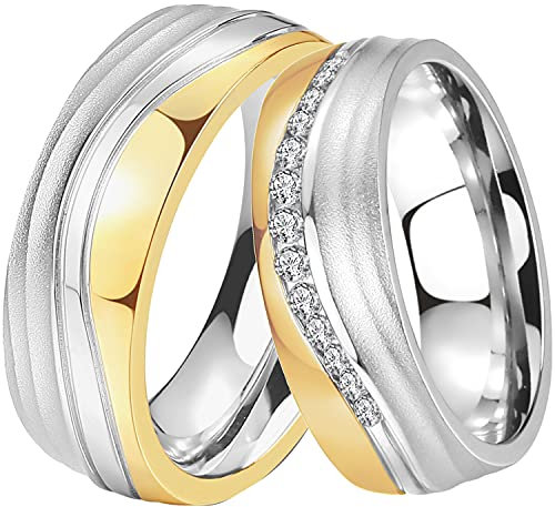 DOOSTI Paar Ringe Set für Damen Herren Partnerring Edelstahl Bicolor Silber Gelbgold Ehering Trauring Freundschaftsring Hochzeit Ringe Frau Mann inkl. Gravur mit Namen (Ring ohne Zirkonia, 56)