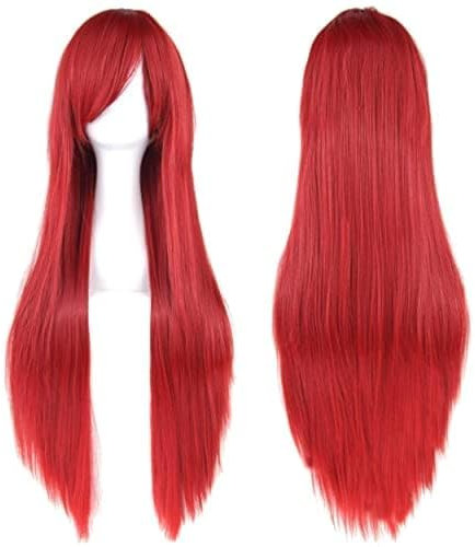 IMISSU Lange glatte Haare Cosplay Perücke mit Pony Bunte Halloween Kostüm Party Perücken (Rot)