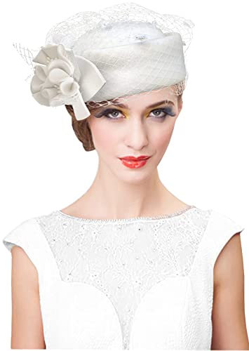 RZTA Damen Vintage 100% Wolle Filz Cloche Bucket Bowler Hut Winter Vintage Schleife Fedoras Kirche Fascinator Hut, E2 Weiß, Einheitsgröße