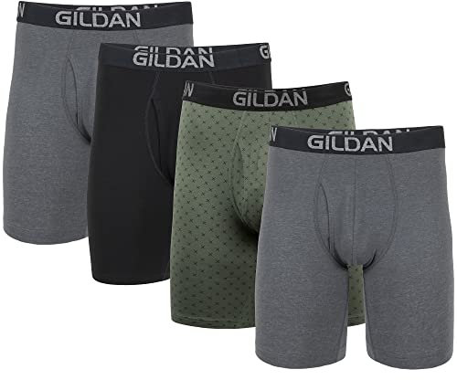 Gildan Men's Cotton Stretch Boxer Briefs, Multipack, Heather Dark Grey/Green Midnight/Blk (4-Pack), X-Large