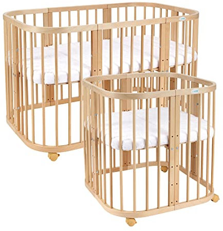 Waldin Babybett aus Holz 7in1 mit Matratze, Mitwachsendes Kinder-Bett, Belüftet, Boden 5-Fach Verstellbar, All-Inclusive-Set, Holz Natur
