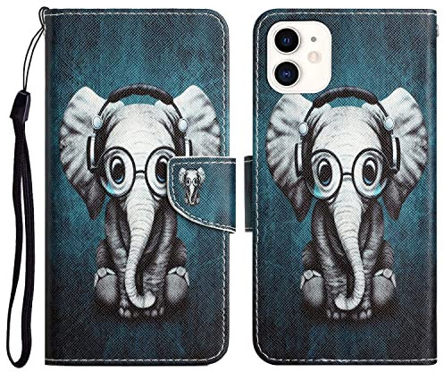 For iPhone 11 Case Shockproof Cute Pattern with Credit Card Holder Stand Women Kids Leather Flip Folio Wallet Protective Phone Cover Compatible with iPhone 11 - Cute Elephant