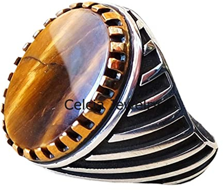 Flacher Tigerauge-Ring aus natürlichem Edelstein, massiver 925er Sterlingsilber-Siegelring für Herren, Verlobungsring, Hochzeitsgeschenk, Ring für ihn, Statement-Ring, Silber-Emaille-Ring (Tigerauge)