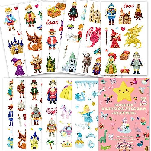 Sugeru 100+ Tattoo Kinder Hautfreundlich,Glitzer Tattoos Aufkleben Sticker Kids Kinder Mädchen,Mitgebsel Kindergeburtstag//Sojabohnenextrakt–Natürliche Sichere Inhaltsstoffe (Glänzend-Prinzessin)