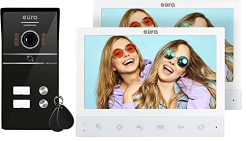 EURA VDP-80C5 Videocitofono bifamiliare a 4 Fili, 2 Monitor a Colori da 7 Pollici, 2 ingressi, crittografia, FHD, RFID, 1080p, Wiess