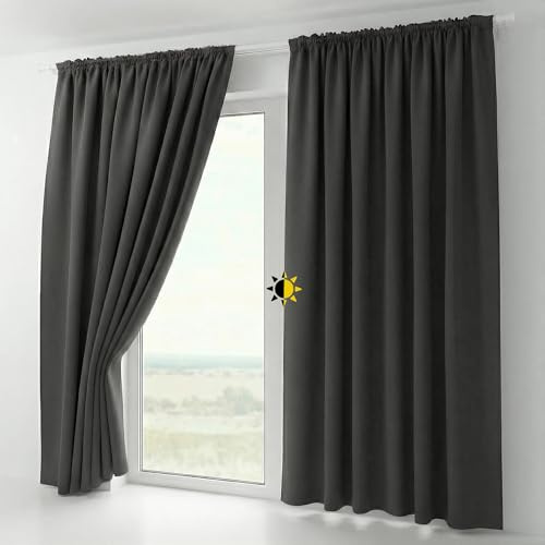 BEAUTEX 2er Set Kräuselband Verdunkelungsvorhang mit U-Band, Gardinen abdunkelnd und Blickdicht (B=140 cm, H=175 cm, Dunkelgrau)