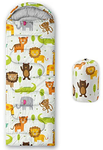 Datura home Kinder-Schlafsack für Mädchen, Cartoon-Waldtier-Bär, Tiger, leicht, warm, für drinnen und draußen, wasserdicht, kältebeständig, Schlafsack für Camping, Wandern (Wald, 81,3 x 228,6 cm)