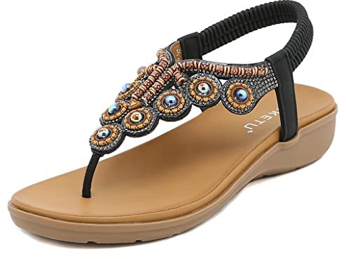 SMajong Sandali Bohemia Donna Estive Piatto Comode Infradito Strass Gioiello Moda Scarpe da Spiaggia con Elastiche Cinghia