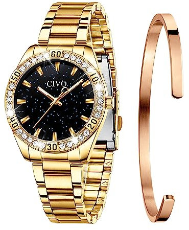 CIVO Damen Uhren Edelstahl Sternenhimmel Gold Designer Analoge Quarz Wasserdicht Elegant Armbanduhr für Damen