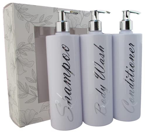 3 x Mrs Hinch PET Empty Refillable Bottles Shampoo Body Wash Shampoo 500ml With Chrome Lotion Tops For Soap Gel Liquid Luxury Bathroom Personalised Dispenser Pump Bottles Set (White/Silver)