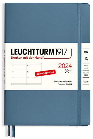 LEUCHTTURM1917 367663 Wochenkalender Medium (A5) 2024, Softcover, Stone Blue, Deutsch, 12 Monate