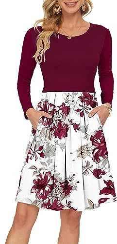 AUSELILY Women's Long Sleeve Pleated Loose Swing Casual Dress with Pockets Knee Length Red Flower White M