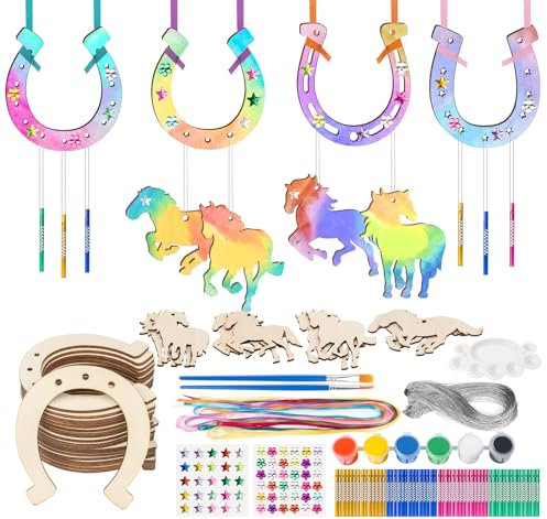 estcoo Wooden Horseshoe Wind Chimes, 106 Pieces Horses Birthday Decoration, Horseshoe Decorative Wind Chime Craft Set Horseshoe Wood for Painting, DIY Crafts Decorating