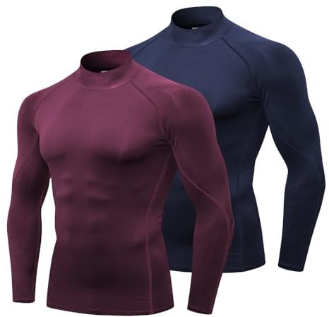 Yuerlian 2 Pack Mens Compression Base Layer Tops Running Gym Mock Turtleneck Long Sleeve Shirts Underwear Quick Dry Sports Workout Tops