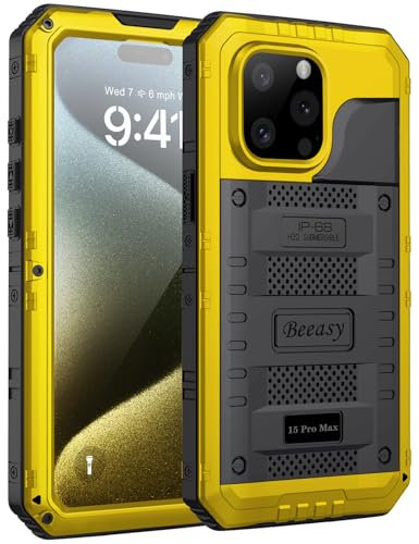 Beeasy für iPhone 15 Pro Max Hülle Wasserdicht Outdoor Stoßfest Metall Schutzhülle, Militär 360 Grad Panzerhülle Staubdicht mit Displayschutz Robust Hardcase Heavy Duty Handyhülle Case 6,7, Gelb