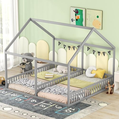 2-in-1-Betten Einzelbetten,Hausbett kinder 90 x 200CM,flache Betten,vielseitiges Holz Kinderbett für Jungen & Mädchen,Grey