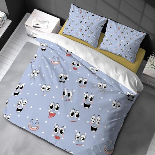 Verschiedene Smiley Face Home-Bettwäsche, bedruckt mit Muster, Bettbezug, weicher Mikrofaser-Bettbezug mit Reißverschluss, Kissenbezug-Set, 202 x 228 cm + 51 x 66 cm x 2, dreiteiliger Bettbezug