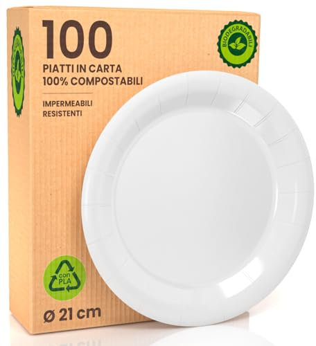 100 Piatti in Bioplastica Monouso 100% Ecologici - Diametro 21 cm - Ultra Resistenti e Rigidi in Bioplastica (PLA) - Biodegradabili e Compostabili - Perfetti per Picnic, Barbecue e Feste – Bianco
