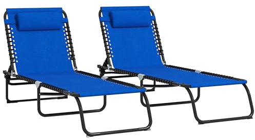 Outsunny 2 Piece Foldable Sun Loungers, Outdoor 4 Level Adjustable Backrest Reclining Chaise Chairs, Steel Frame Recliner Chair for Camping, Hiking, Navy Blue