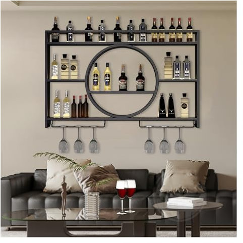 Porte Bouteille Mural Avec Lumière LED,Range Bouteille,Etagere Vin,Casier À Vin,Étagère De Support Mural,Étagère Murale En Verre,Rangement Bouteille,Meuble Bar Pour Cave A Vin Cuisine,Noir/Or ( Color