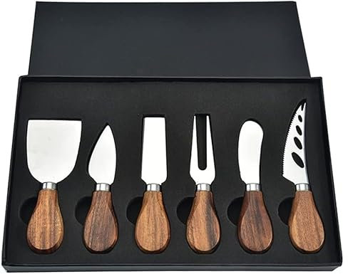 6-teiliges Käsemesser-Set aus Edelstahl mit Akazienholzgriffen in Geschenkbox, inkl. Käsegabel und Käsestreicher, Geschenkidee für Weihnachten, Geburtstage und Hochzeiten