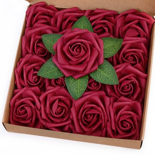 BLEUM CADE Künstliche Rosen mit Stielen, Burgunderrot, Schaumstoffrosen für selbstgemachte Blumensträuße, Tafelaufsätze, Hochzeit, Party, Arrangement, Brautparty, Dekoration, 16 Stück