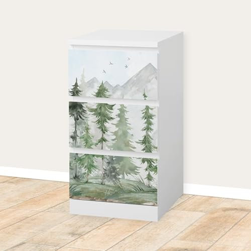 Unik Nordic Aufkleber Set Tannenwald Aquarell für MALM Kommode mit 40 cm Schrankbreite, 3 Schubladen-Folien, Sticker für Schrank, Möbelfolie fürs Kinderzimmer, Schrankfolie für Kinder