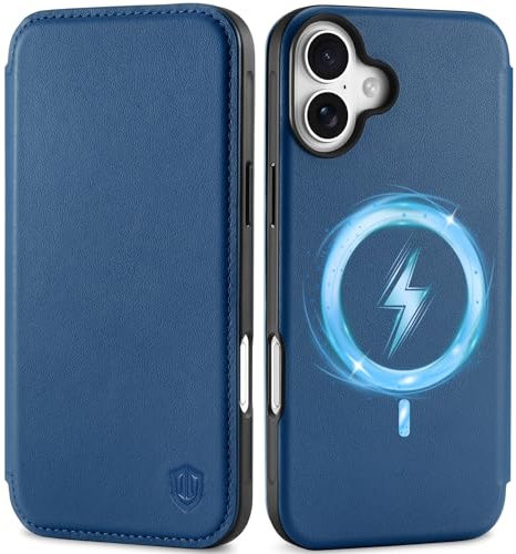 SHIELDON Case for iPhone 16 6.1 2024, Genuine Leather Slim Wallet [3 Card Slots][RFID Blocking][Magnetic Closure][Wireless Charging] Protective Flip Cover Compatible with iPhone 16 - Royal Blue