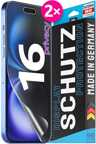 2X se® 3D SCHUTZFOLIE Privacy für Apple iPhone 16,Blickschutz, 100% Fingerabdruck & FaceID kompatibel, einfache blasenfreie Installation, Ultra-Klar, Stoß-Kratzfest, aus Deutschland