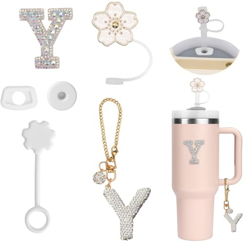 6PCS Accesorios Personalizados para Stanley Cup,Fundas de Pajitas,Decoración de Iniciales, Pegatinas de Letras,Encantos de Letras para Vaso Stanley y Ttapón Antiderrame para Stanley Cup (Y)