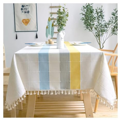 Tischtuch 140x300CM, Leinen Abwaschbare Tischdecke Karomuster Mit Quaste Blau Grau Gelb Tischdecke Rechteck