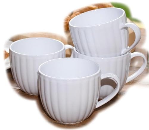 Darthome Set of 4 White Luxe Oversized Mugs 420ml Stoneware Ribbed Glazed Hot Coffee Cups