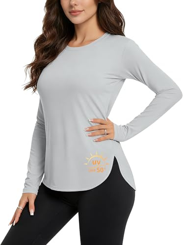 HIBETY Damen Langarm-Shirts UPF 50+ Sun Shirts Workout Athletic Tops Leichte schnell trocknende Outdoor Wandern Yoga Gym Active Tees Grey L