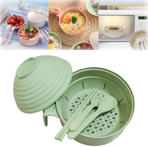 NYXIFYLO 6-Piece Microwave Ramen Noodle Bowls Set,Ramen Bowl Set with Lid, Ramen Noodle Bowls Microwavable Strainer,Ramen Noodles Bowl with Chopsticks (Green)