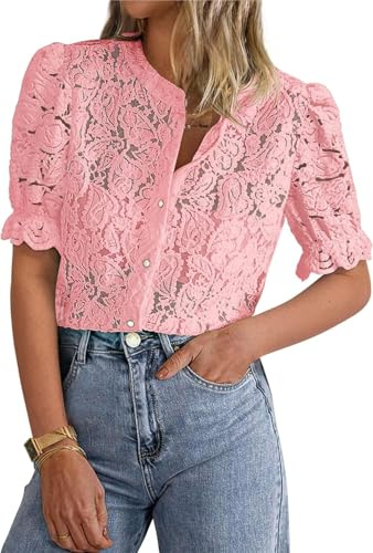 LLECDASEUI Womens Elegant Lace Dressy Blouses 2025 Summer Short Puff Sleeve Tunic Tops Crew Neck Button Down Shirts (L,Pink)