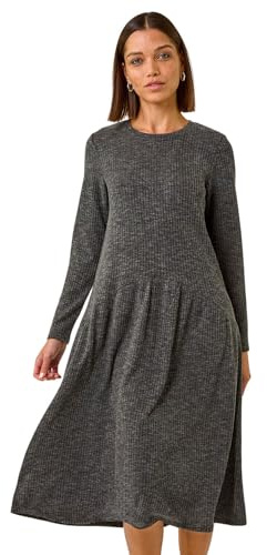 Roman Originals Ribbed Drop Waist Stretch Dress for Women UK - Ladies Everyday Autumn Winter Round Neckline Comfy Soft Evening Vacation Work Party Night Out - Grey - Size 16