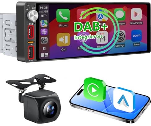 6,9 Zoll 1 Din Autoradio mit drahtlosem CarPlay & Android Auto, Bluetooth, Full-Touch-Autoradio-Display FM, DAB+,Rückfahrkamera und Mikrofonunterstützung